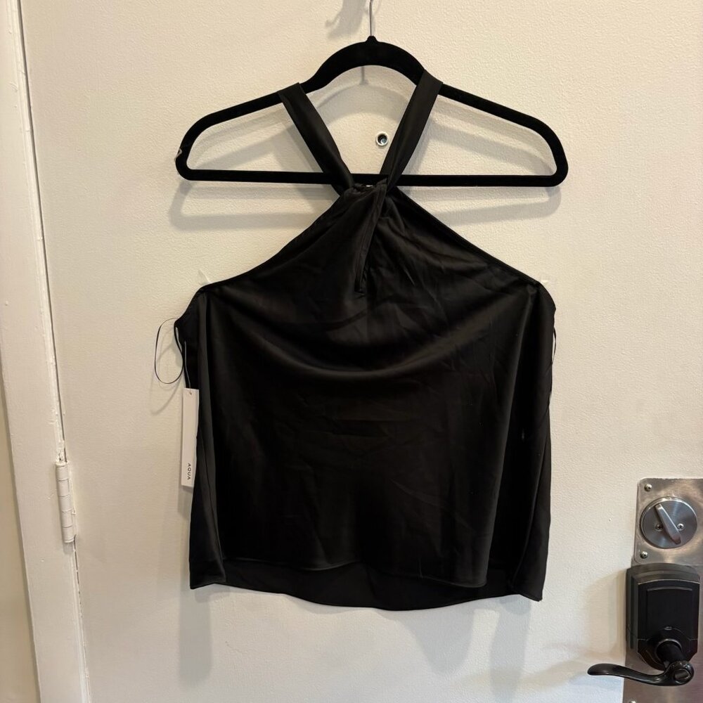 NWT, AQUA Black Satin Twist-Front Halter Top - Size L